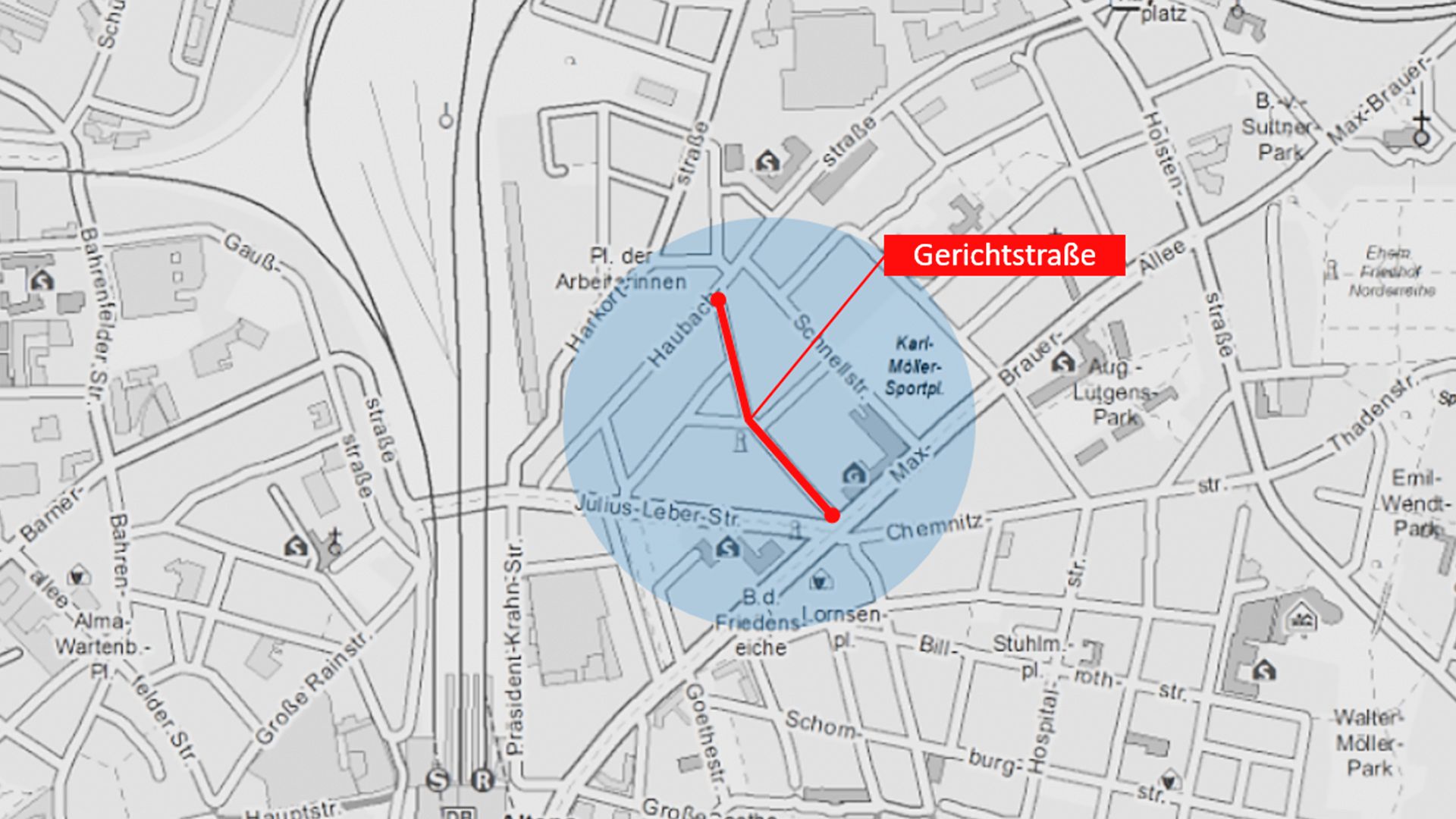 der Planungsraum erstreckt sich über die gesamte Gerichtstraße von der Haubachstraße bis zur Max-Brauer-Allee.